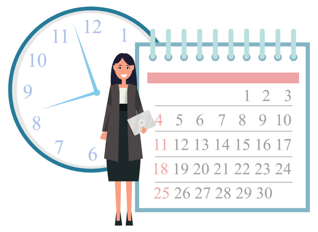 An illustration with a woman holding a laptop with a clock and a calendar which is used for the Time with Candace page
